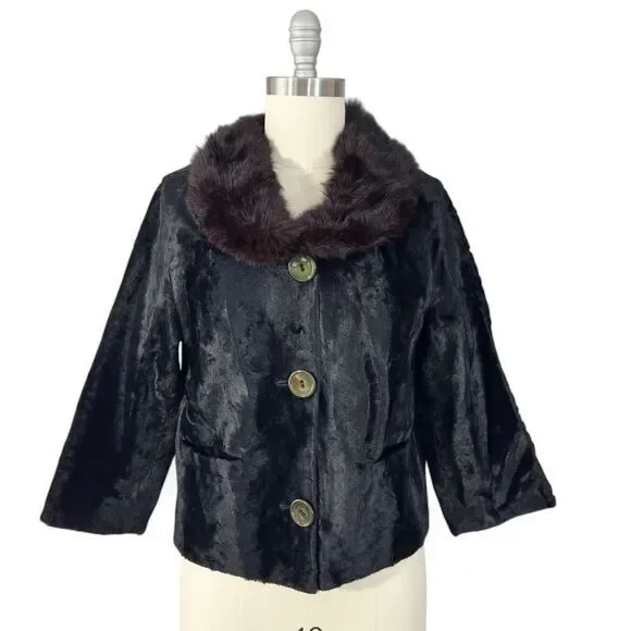 Vintage 1950s Black Velvet Jacket with Fur-Trimmed‎ Collar | Size M - Picture 2 of 8
